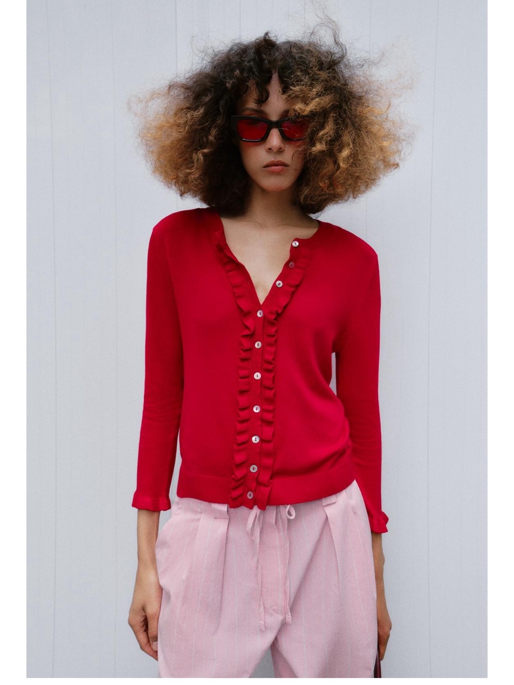 Zara Red Ruffle-Trim Button Front Cardigan